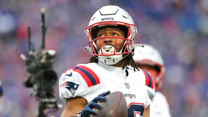 New England Patriots wide receiver Jakobi Meyers (16) watches a replay screen during the first...
