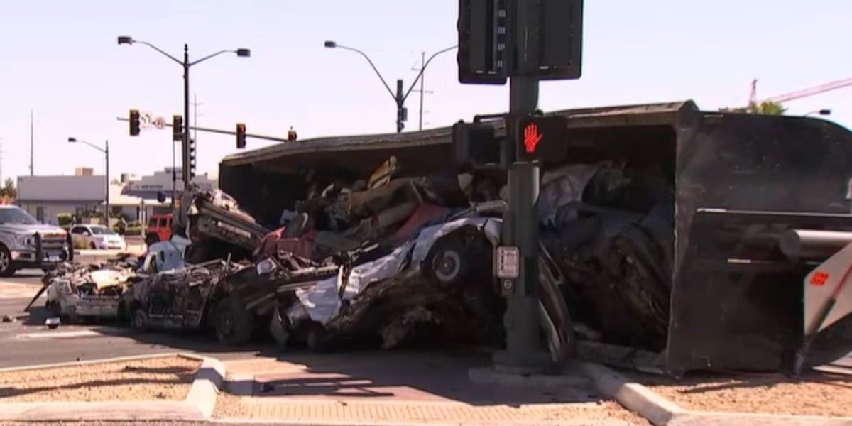 Semi-truck carrying crushed vehicle overturns at I-15, Charleston Semi-truck carrying crushed vehicle overturns at I-15, Charleston