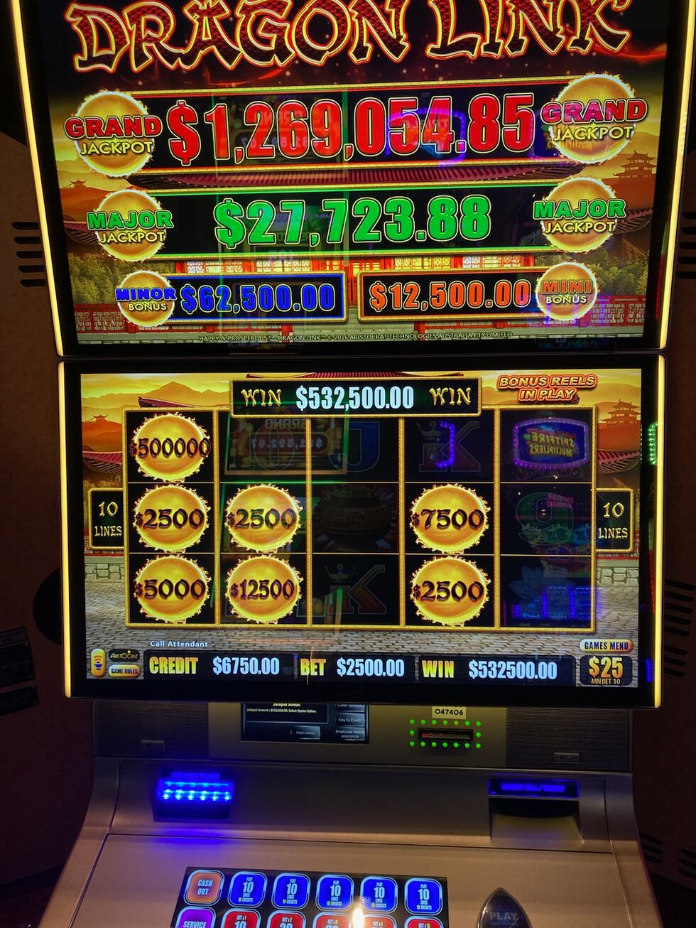 Caesars Entertainment officials said a guest on the Las Vegas Strip won two slot jackpots,...