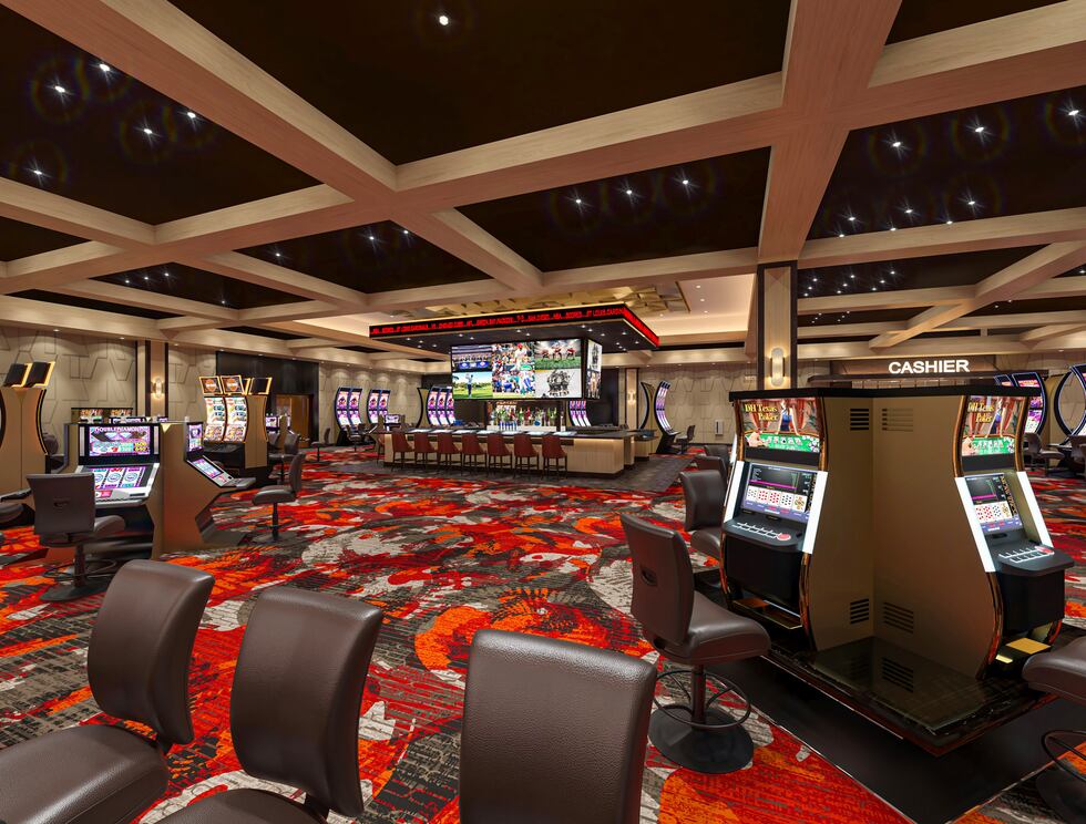 An interior rendering of the casino showcases details of the slot floor and main bar