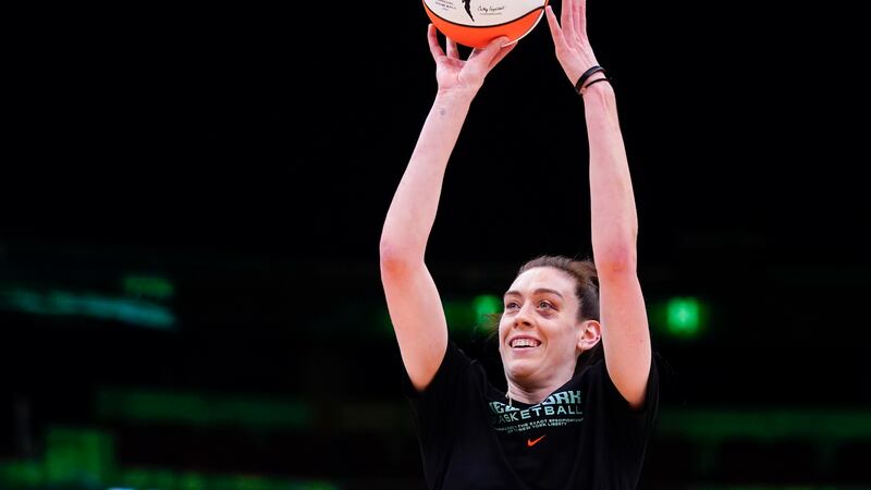 FILE - New York Liberty forward Breanna Stewart warms up before a WNBA basketball game against...