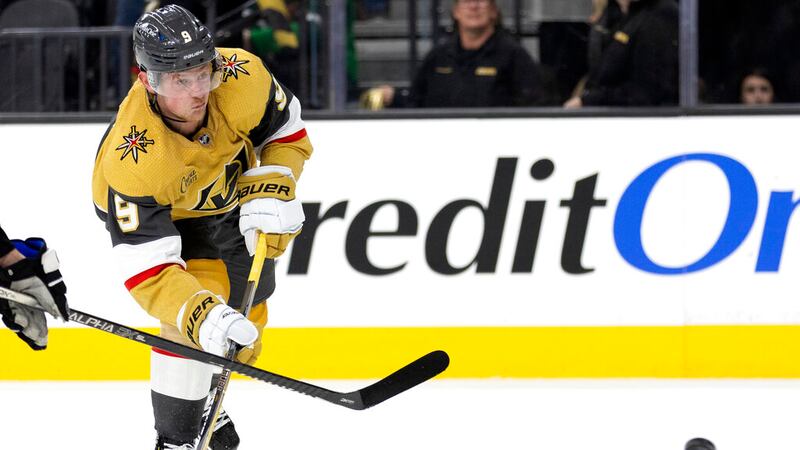 Vegas Golden Knights center Jack Eichel (9) shoots during the second period of the team's NHL...