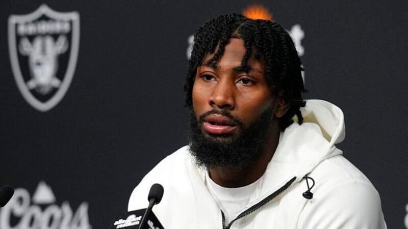 Las Vegas Raiders cornerback Nate Hobbs (39) attends a news conference after an NFL football...