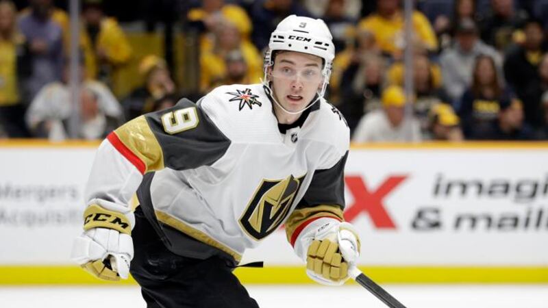 Vegas Golden Knights center Cody Glass plays against the Nashville Predators in an NHL hockey...