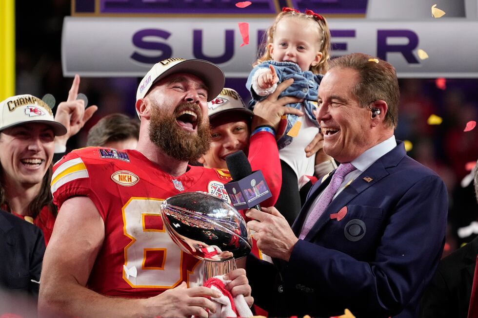 Kansas City Chiefs tight end Travis Kelce (87) celebrates after the NFL Super Bowl 58 football...