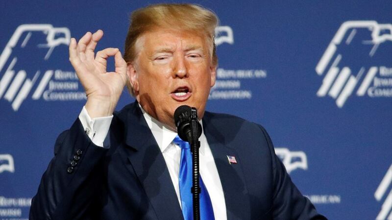 In this April 6, 2019, photo, President Donald Trump speaks at an annual meeting of the...