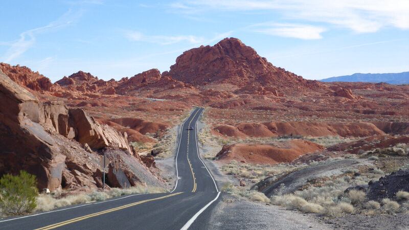 This photo taken Jan. 1, 2010 shows a two lane highway in Nevada's valley of Fire. A drive...