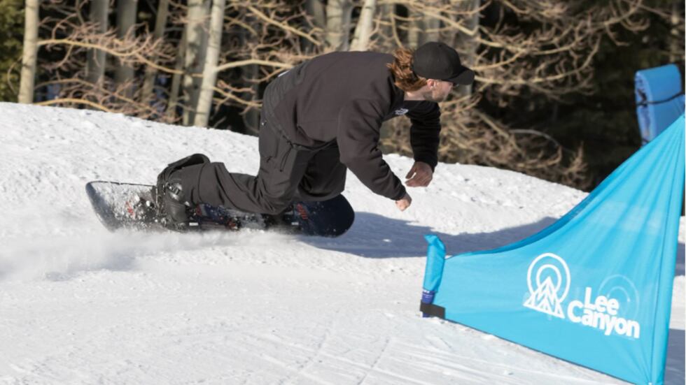 A snowboarder on the course during a previous Chris Ruby Cup at Lee Canyon