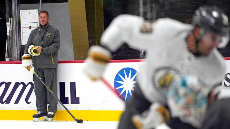 Vegas Golden Knights head coach Bruce Cassidy watches during NHL hockey training camp,...