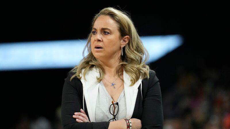 FILE - Las Vegas Aces head coach Becky Hammon looks on during a WNBA game against the Dallas...