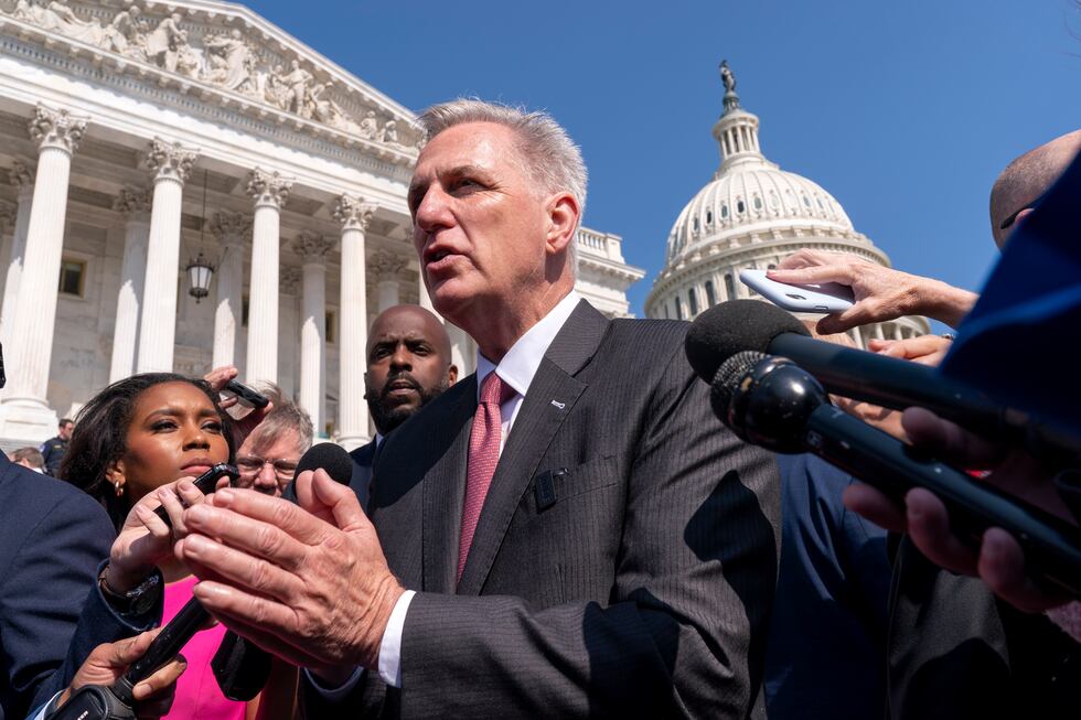 House Speaker Kevin McCarthy, of Calif., Thursday, May 25, 2023, speaks to reporters about the...