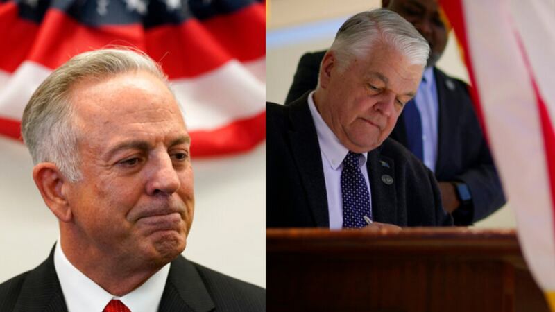 Clark County Sheriff Joe Lombardo (left) and Gov. Steve Sisolak (Right)