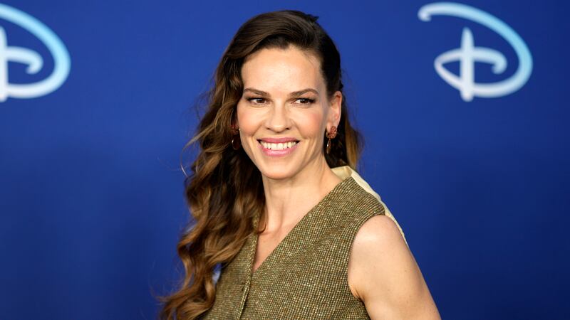 Hilary Swank attends the Disney 2022 Upfront presentation at Basketball City Pier 36 on...
